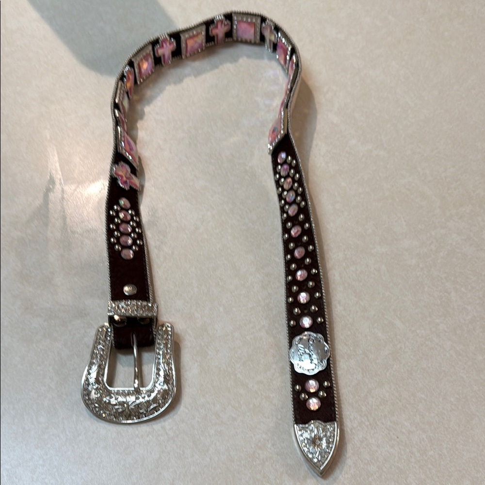 Pink and Brown Western Belt with Ornate Buckle